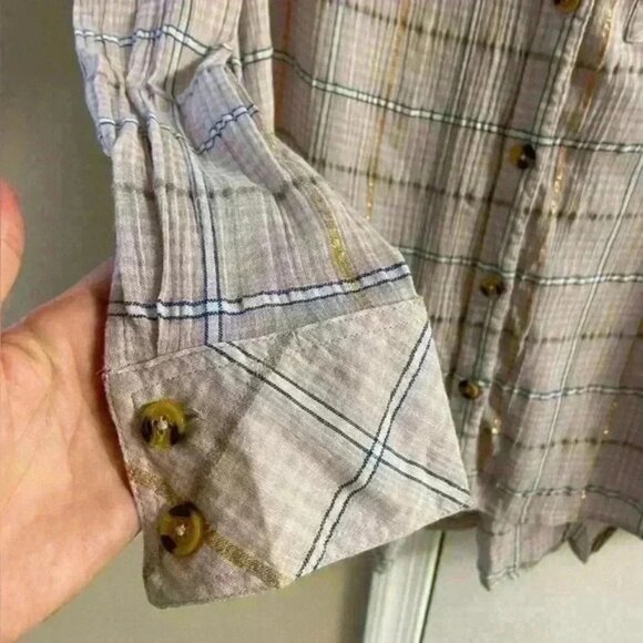 FREE PEOPLE| blouse button up cotton gold metallic string slouchy boho |‎ small - Picture 4 of 8